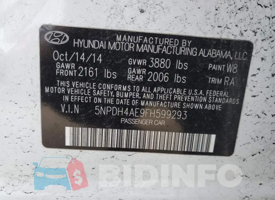 5NPDH4AE9FH599293 Photo# 12