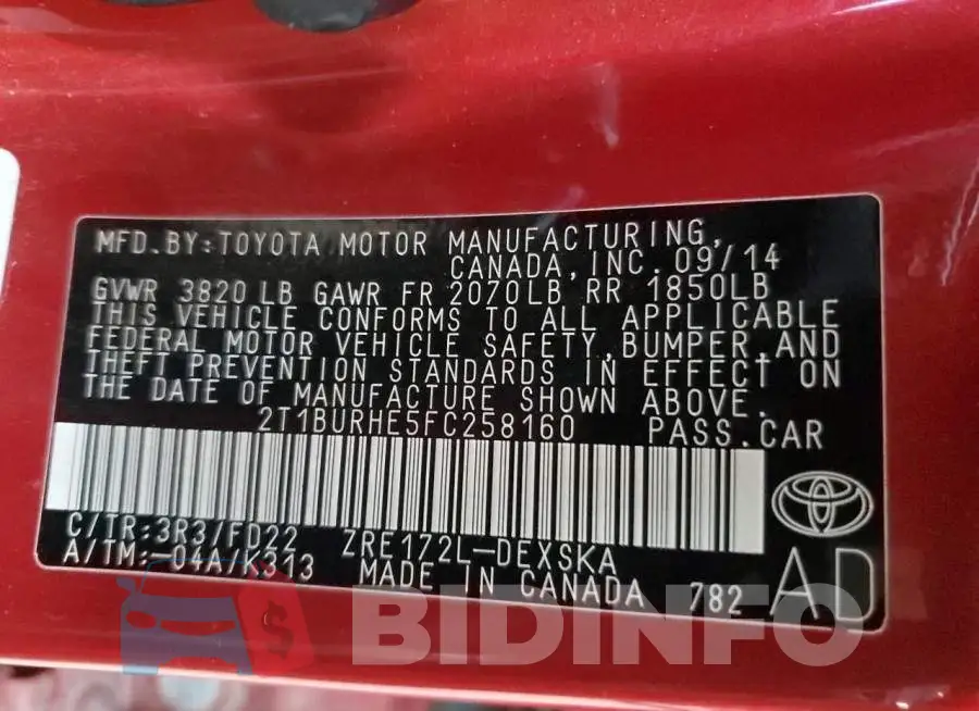 2T1BURHE5FC258160 Photo# 13