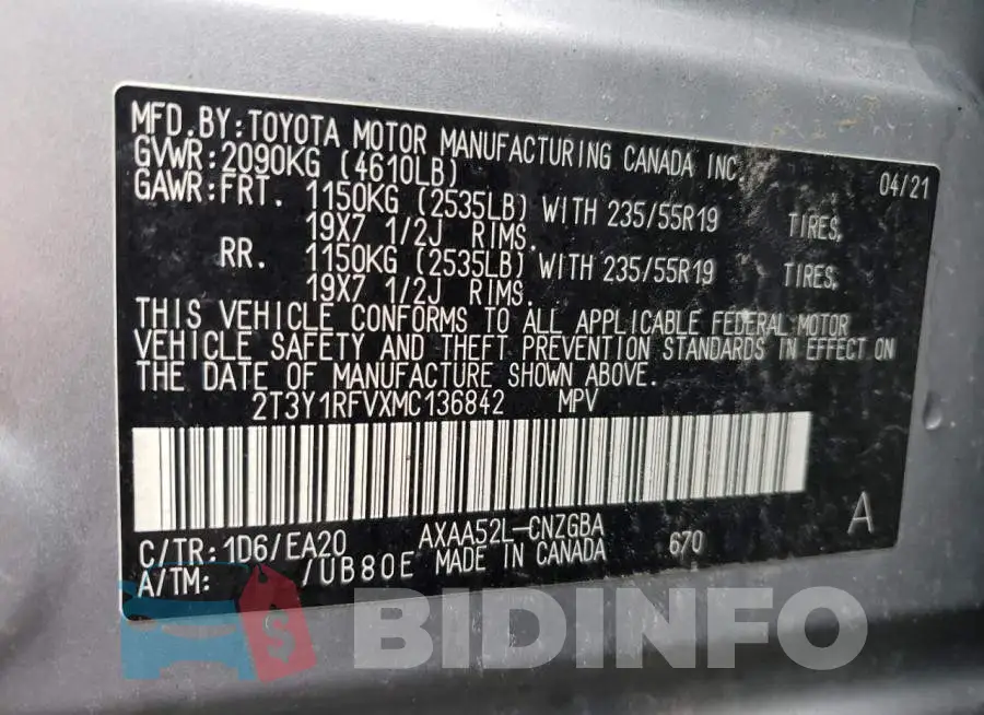 2T3Y1RFVXMC136842 Photo# 13