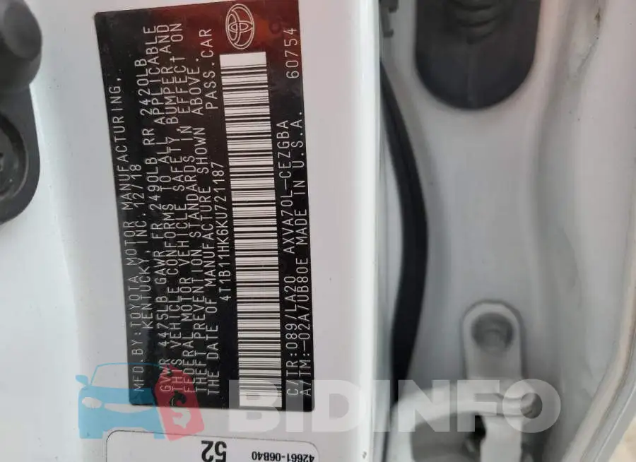 4T1B11HK6KU721187 Photo# 12