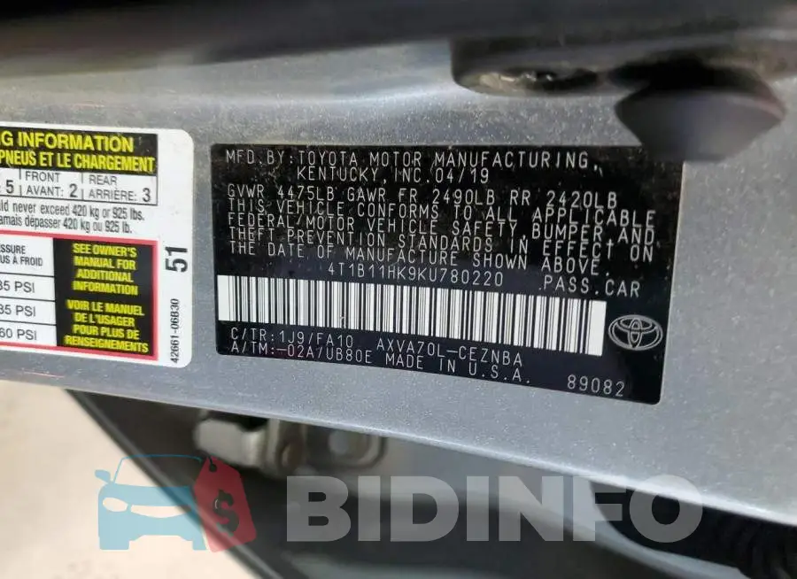 4T1B11HK9KU780220 Photo# 12