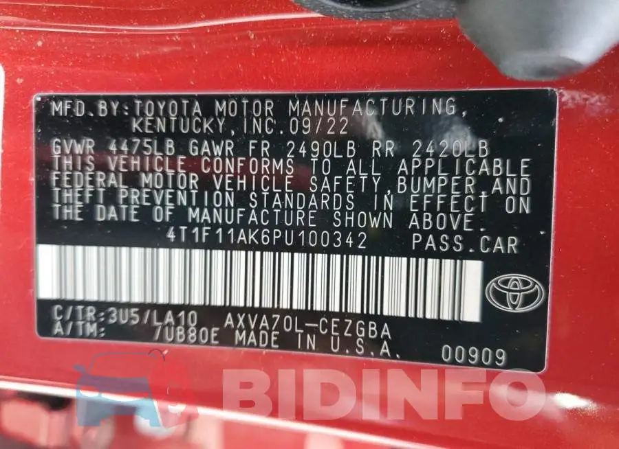 4T1F11AK6PU100342 Photo# 12