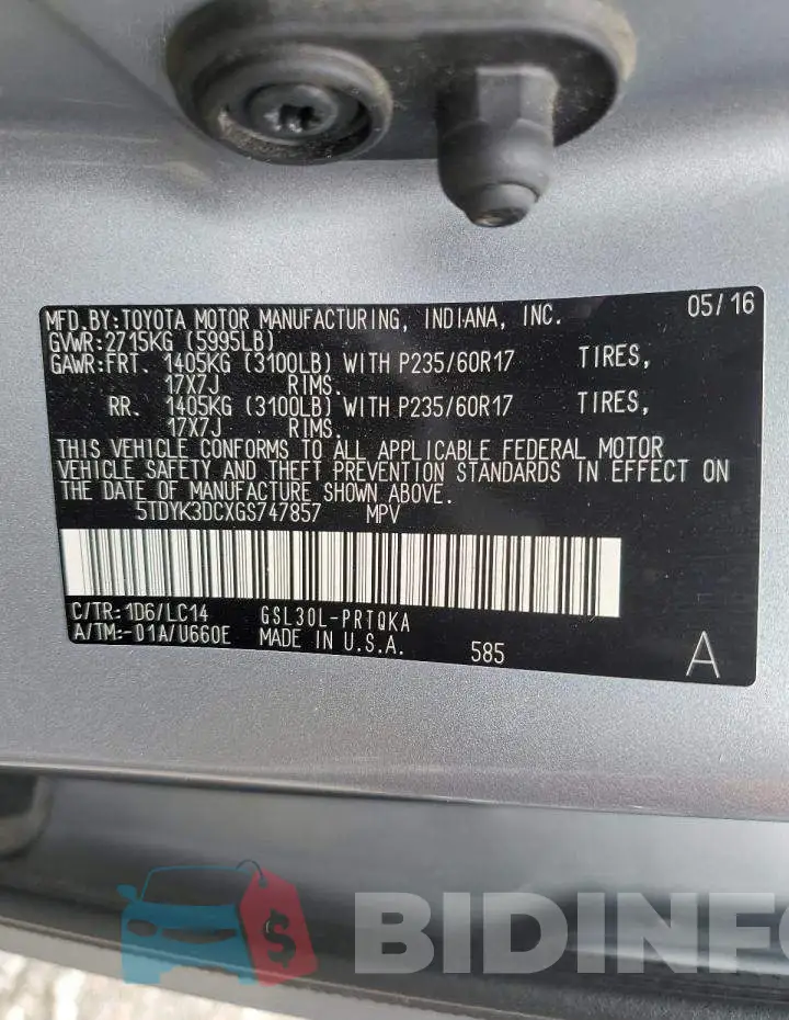 5TDYK3DCXGS747857 Photo# 13