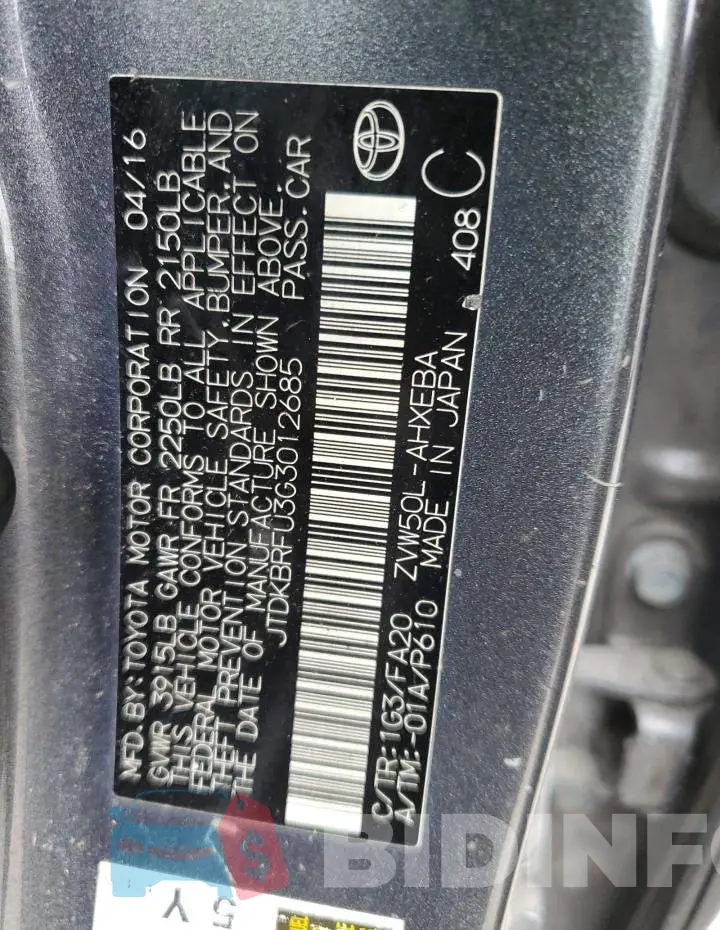 JTDKBRFU3G3012685 Photo# 12