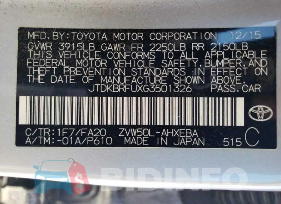 JTDKBRFUXG3501326 Photo# 12