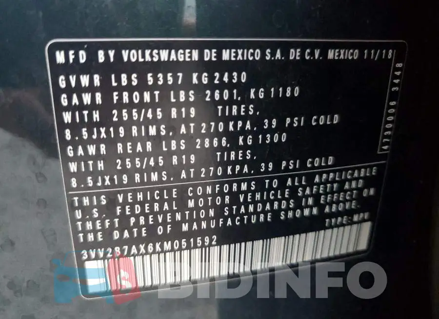 3VV2B7AX6KM051592 Photo# 13