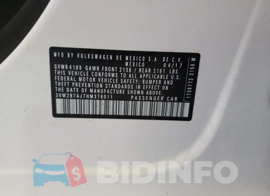 3VW2B7AJ7HM376011 Photo# 12