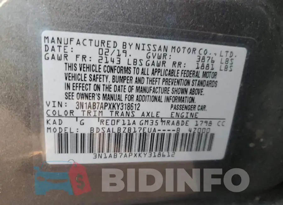 3N1AB7APXKY318612 Photo# 12