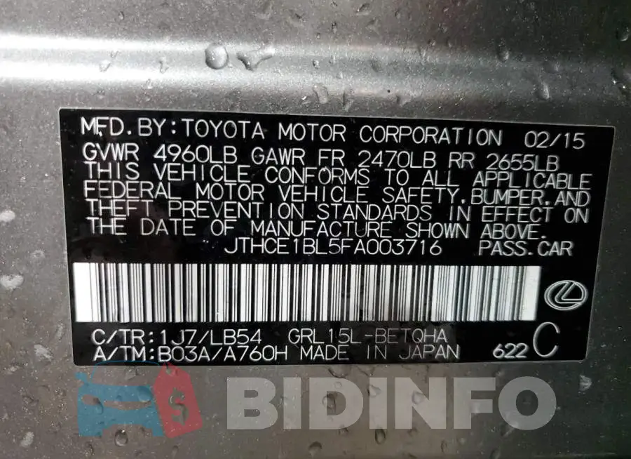 JTHCE1BL5FA003716 Photo# 12