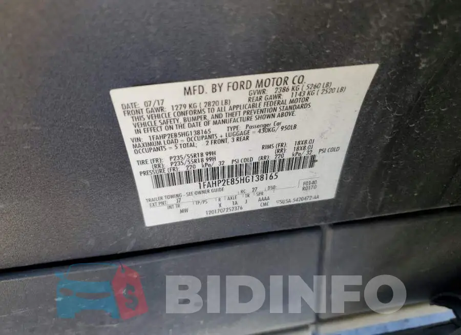 1FAHP2E85HG138165 Photo# 12
