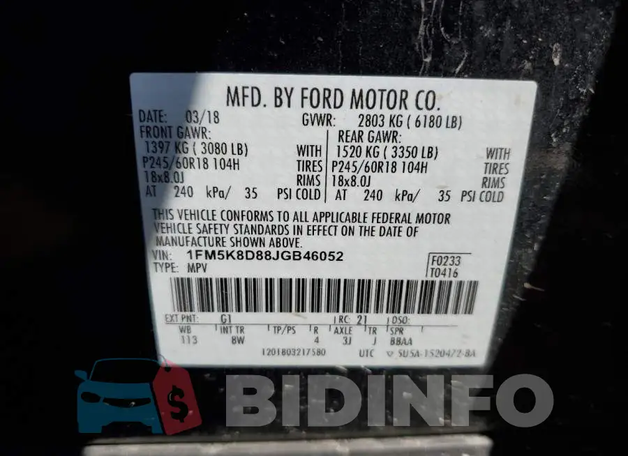 1FM5K8D88JGB46052 Photo# 13