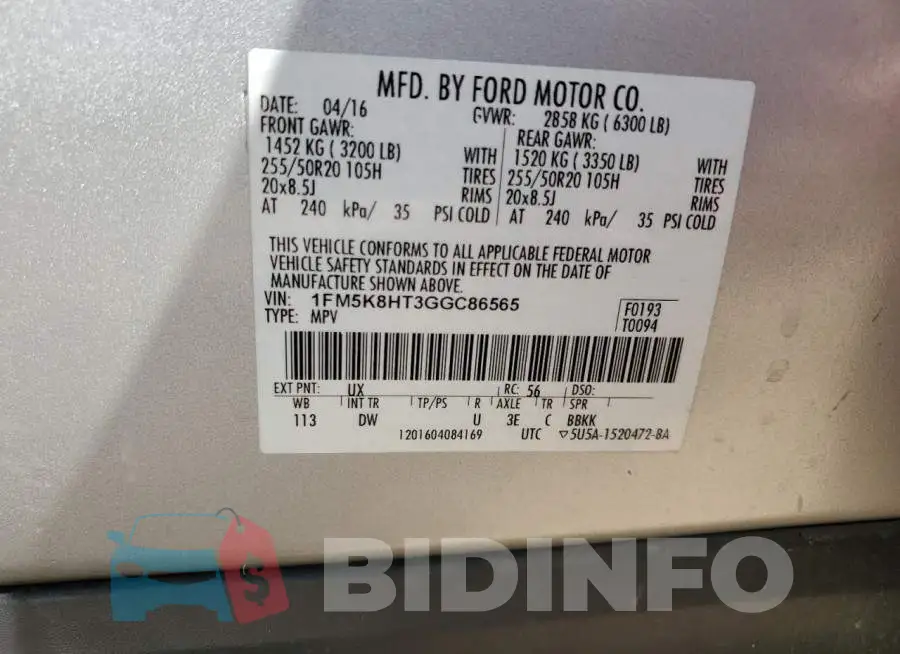 1FM5K8HT3GGC86565 Photo# 13