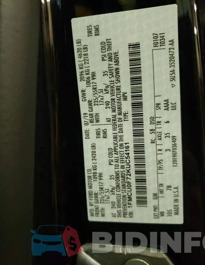 1FMCU0F72KUC54161 Photo# 13
