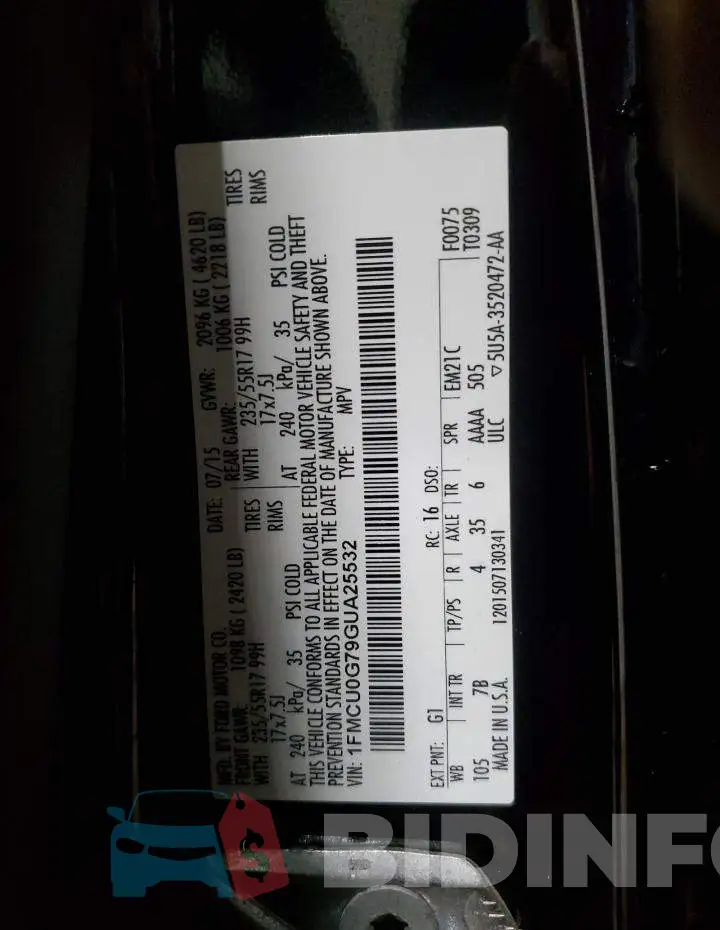 1FMCU0G79GUA25532 Photo# 14