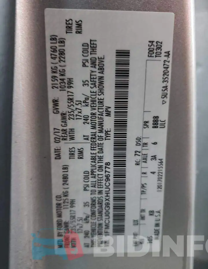 1FMCU0G9XHUC96778 Photo# 13