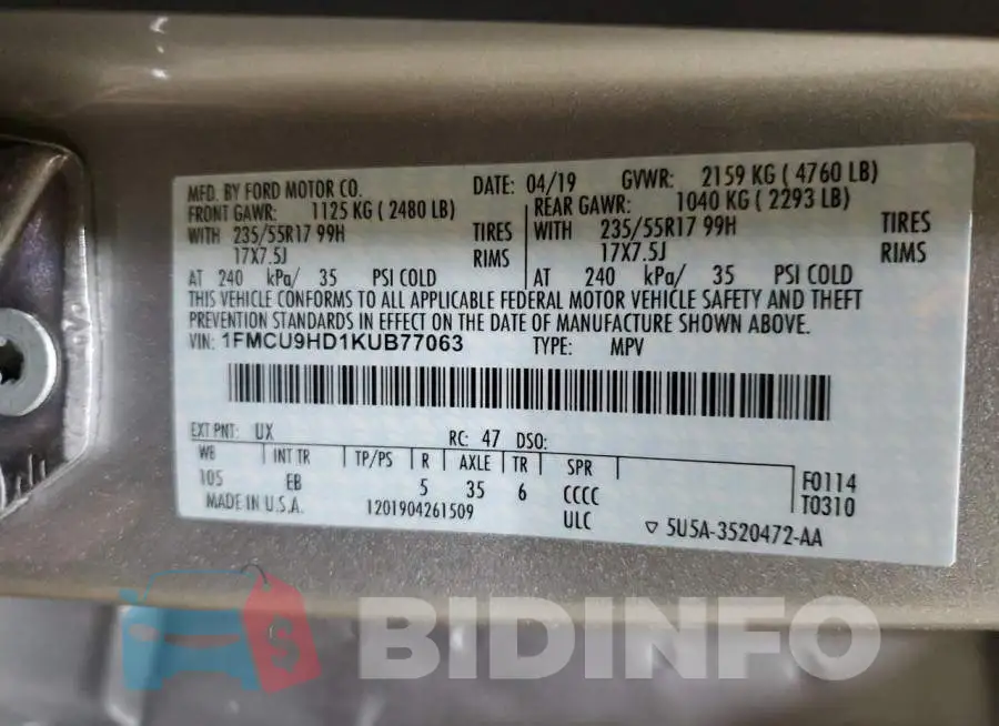 1FMCU9HD1KUB77063 Photo# 14