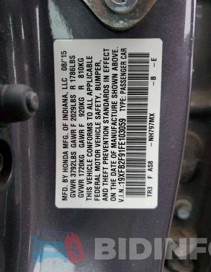 19XFB2F91FE103059 Photo# 12