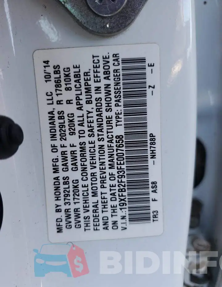 19XFB2F93FE007658 Photo# 12