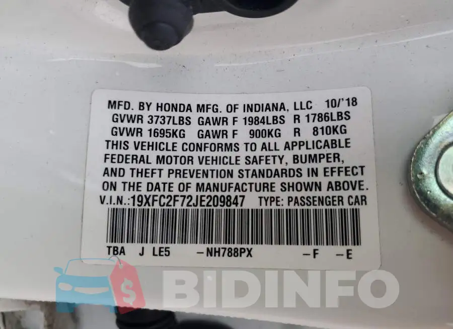 19XFC2F72JE209847 Photo# 12