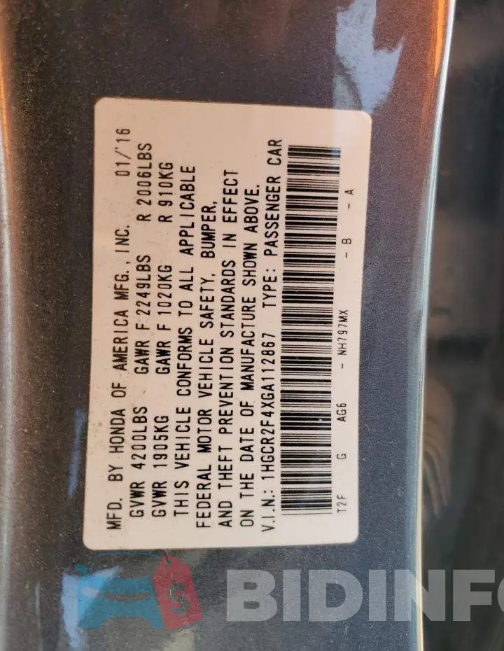 1HGCR2F4XGA112867 Photo# 12