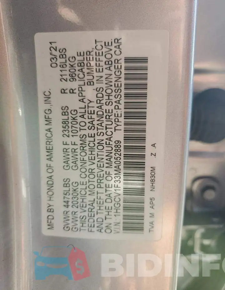 1HGCV1F33MA052889 Photo# 12