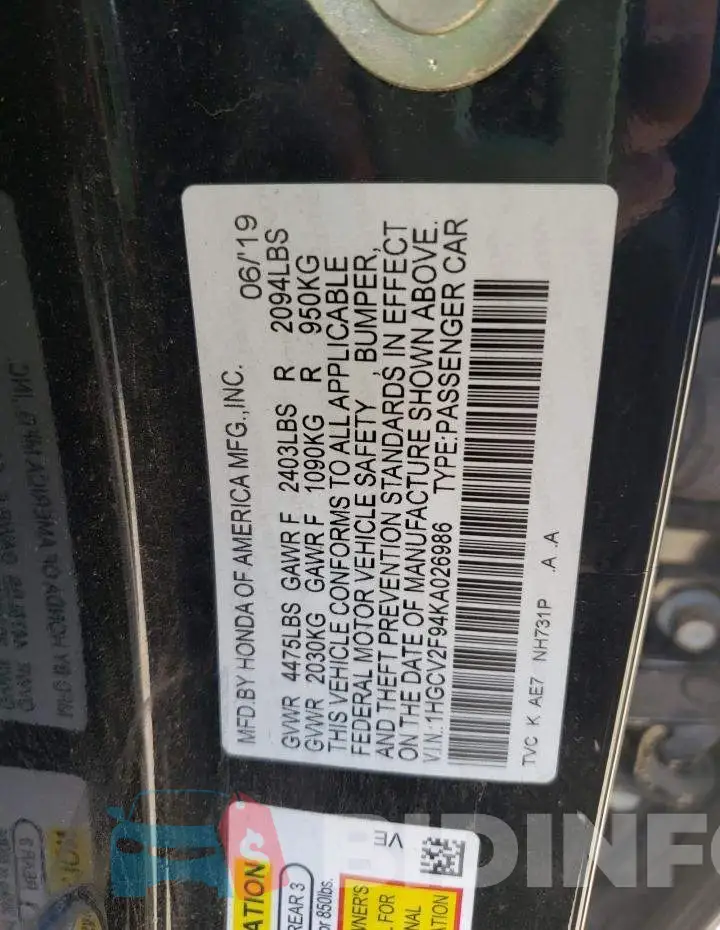 1HGCV2F94KA026986 Photo# 12