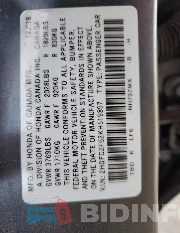 2HGFC2F62KH519897 Photo# 12