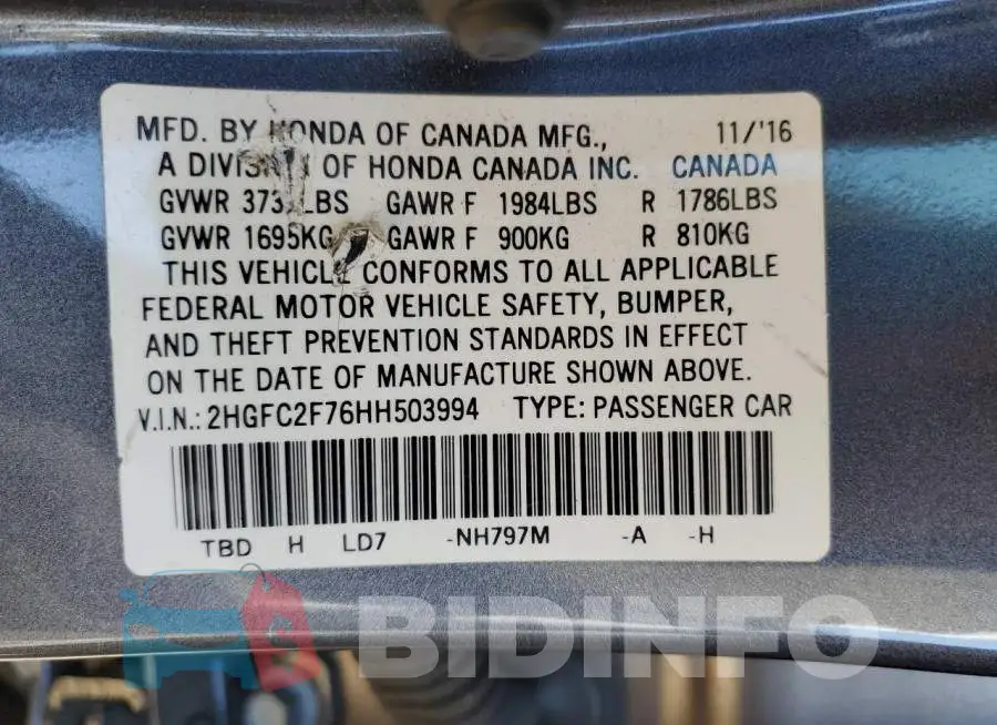 2HGFC2F76HH503994 Photo# 13
