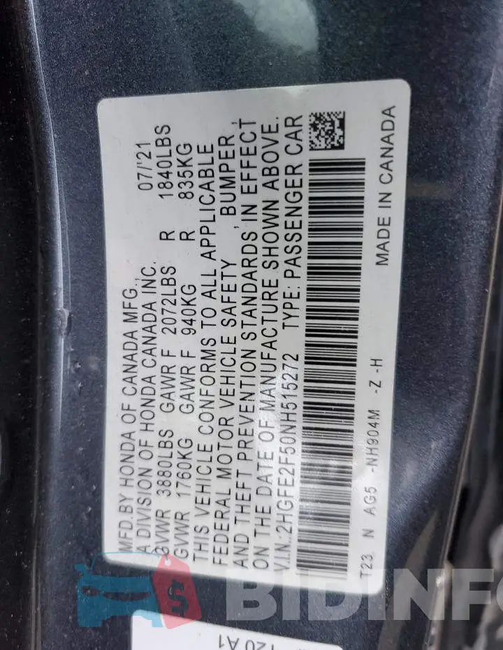 2HGFE2F50NH515272 Photo# 12