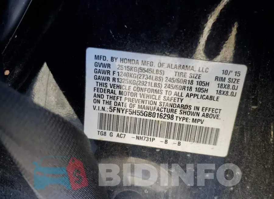 5FNYF5H55GB016298 Photo# 13