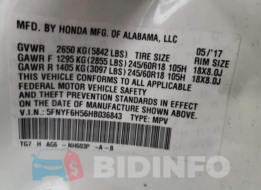5FNYF6H56HB036843 Photo# 13