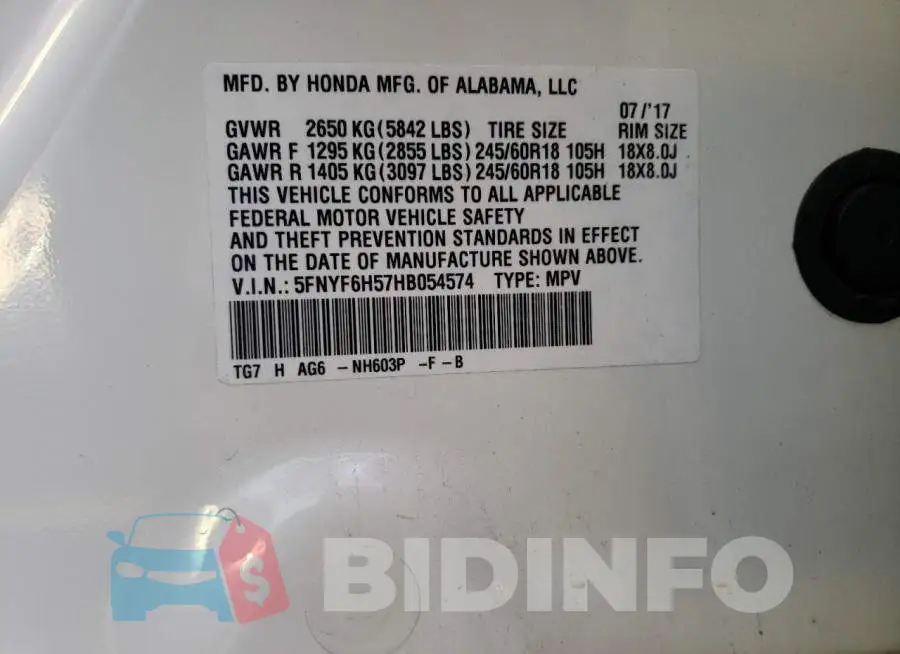 5FNYF6H57HB054574 Photo# 13
