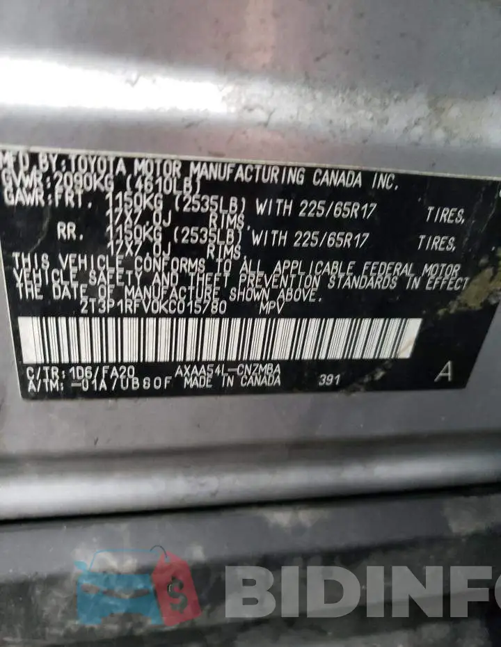 2T3P1RFV0KC015780 Photo# 12