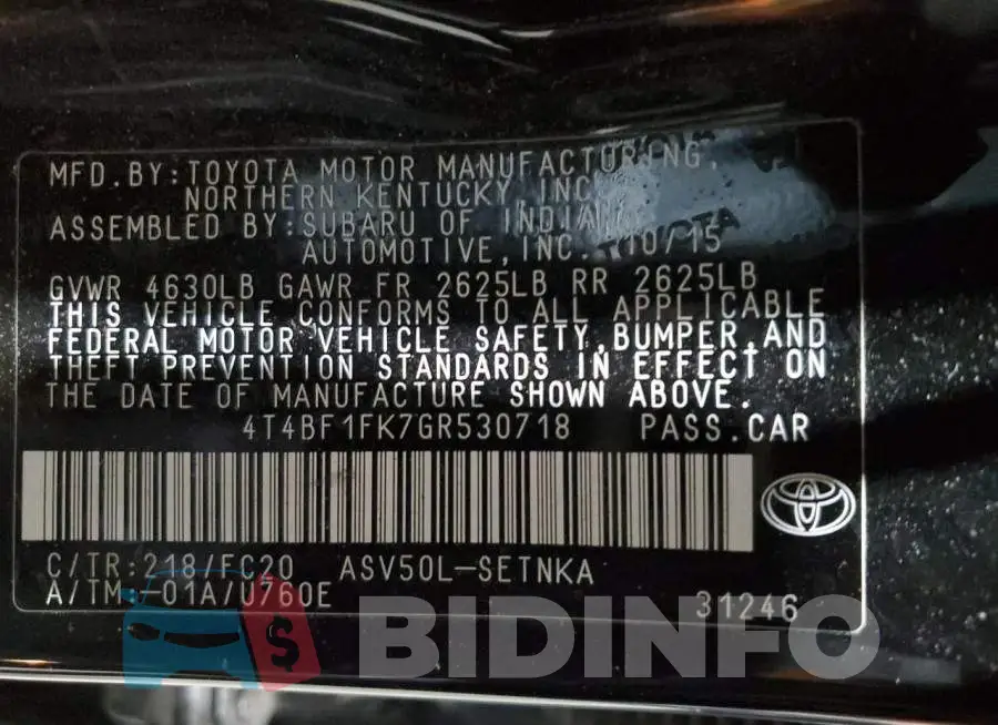 4T4BF1FK7GR530718 Photo# 12