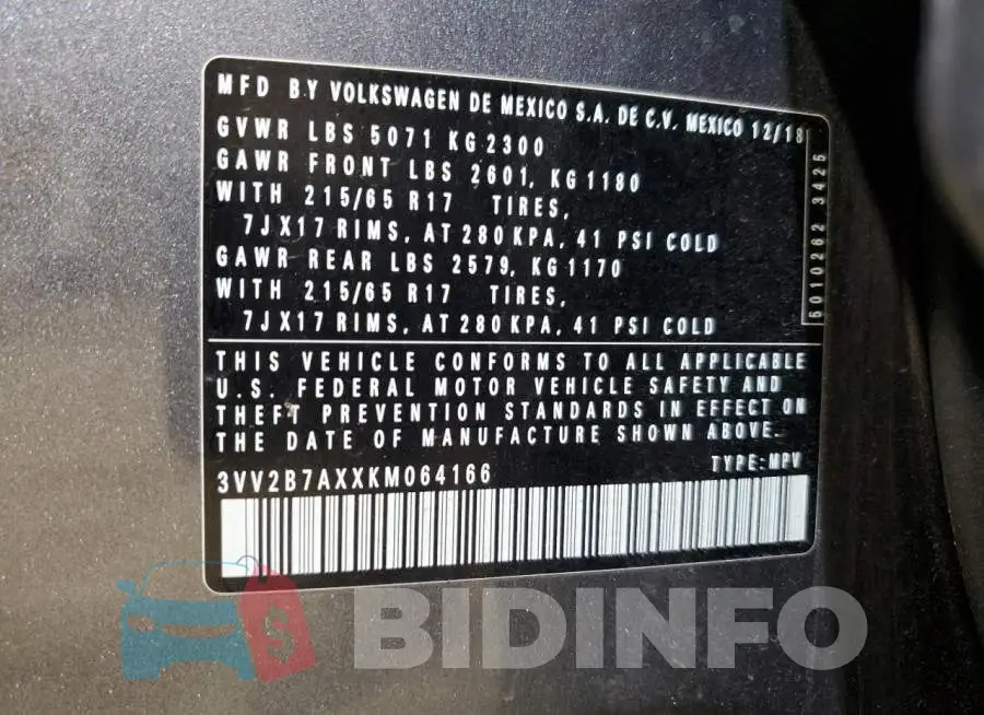 3VV2B7AXXKM064166 Photo# 13