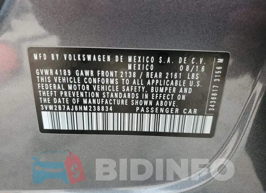 3VW2B7AJ8HM238834 Photo# 13
