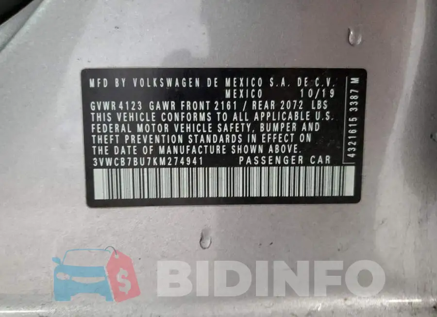 3VWCB7BU7KM274941 Photo# 12
