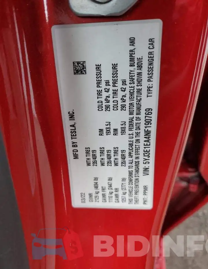 5YJ3E1EA4NF190769 Photo# 12