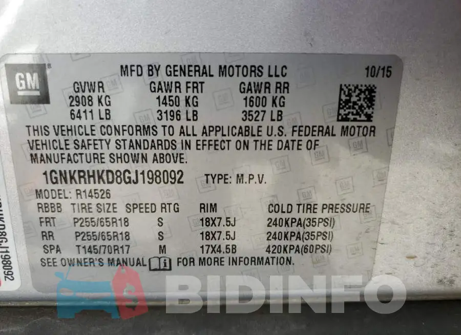 1GNKRHKD8GJ198092 Photo# 13