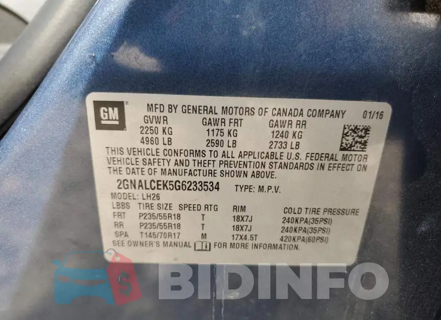 2GNALCEK5G6233534 Photo# 13