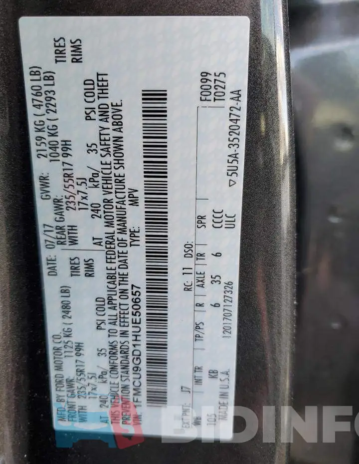 1FMCU9GD1HUE50657 Photo# 12