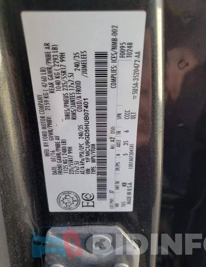 1FMCU9GD5HUB07401 Photo# 13