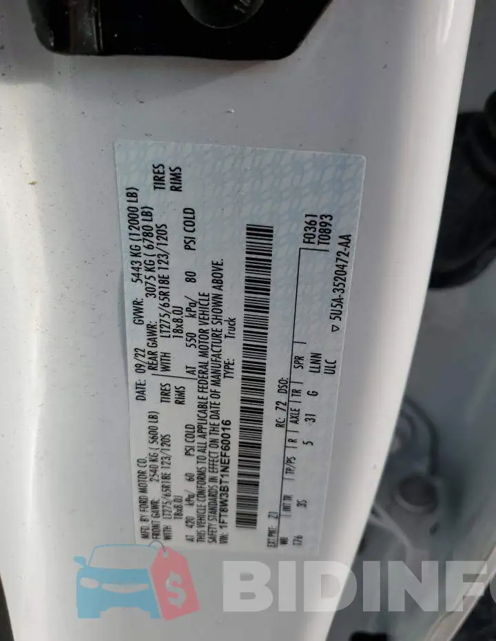 1FT8W3BT1NEF60016 Photo# 12