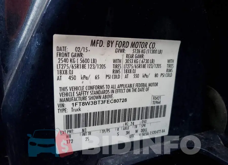 1FT8W3BT3FEC80728 Photo# 12