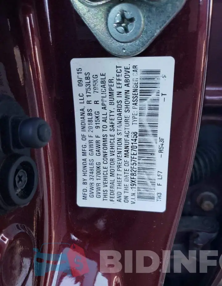 19XFB2F57FE701458 Photo# 13