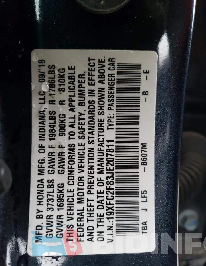 19XFC2F83JE207811 Photo# 12