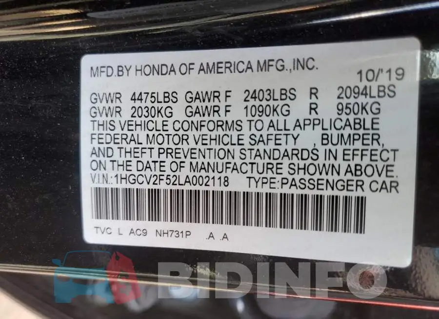 1HGCV2F52LA002118 Photo# 12