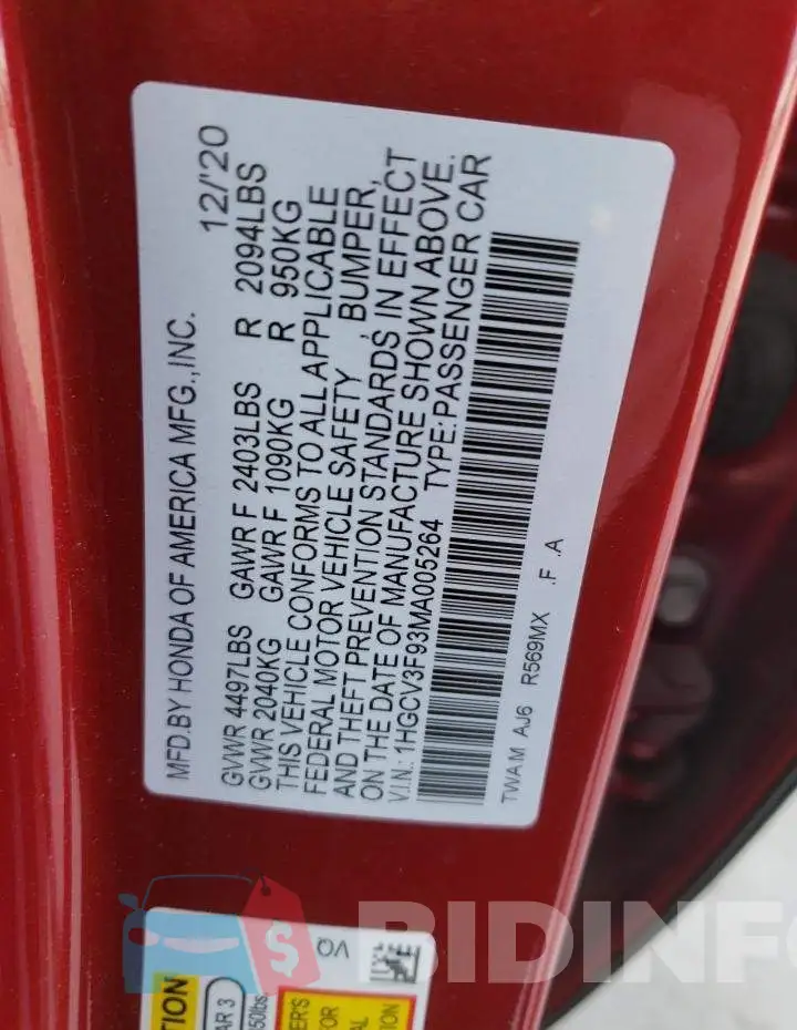 1HGCV3F93MA005264 Photo# 12