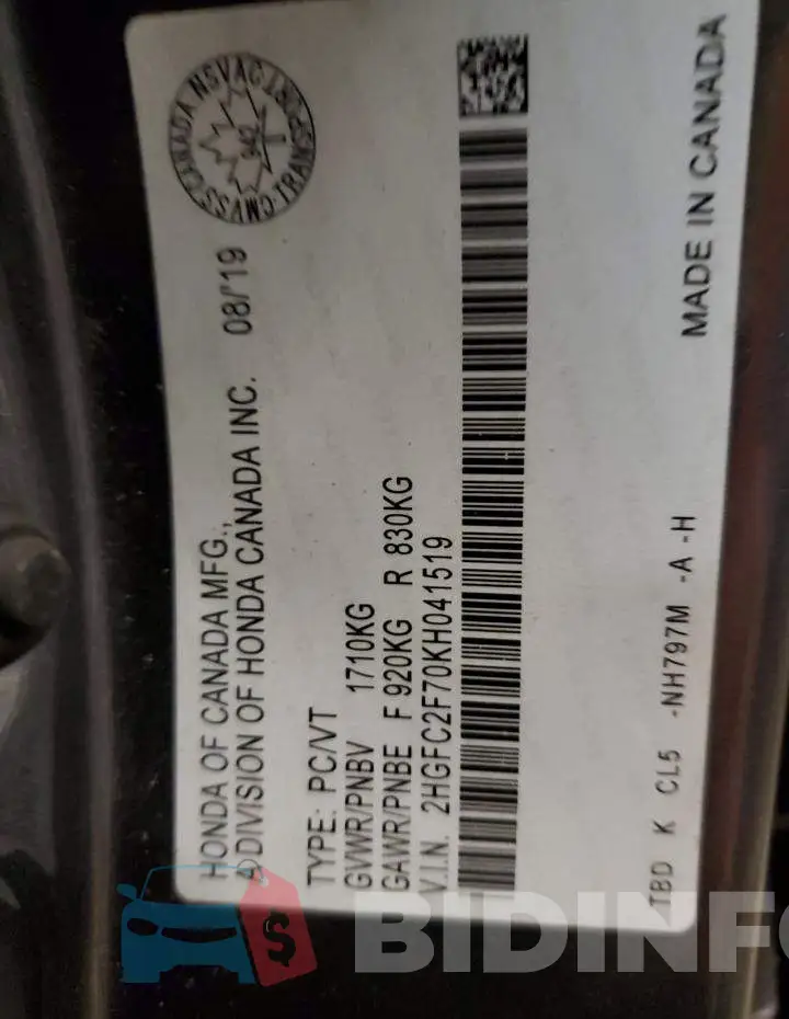 2HGFC2F70KH041519 Photo# 13
