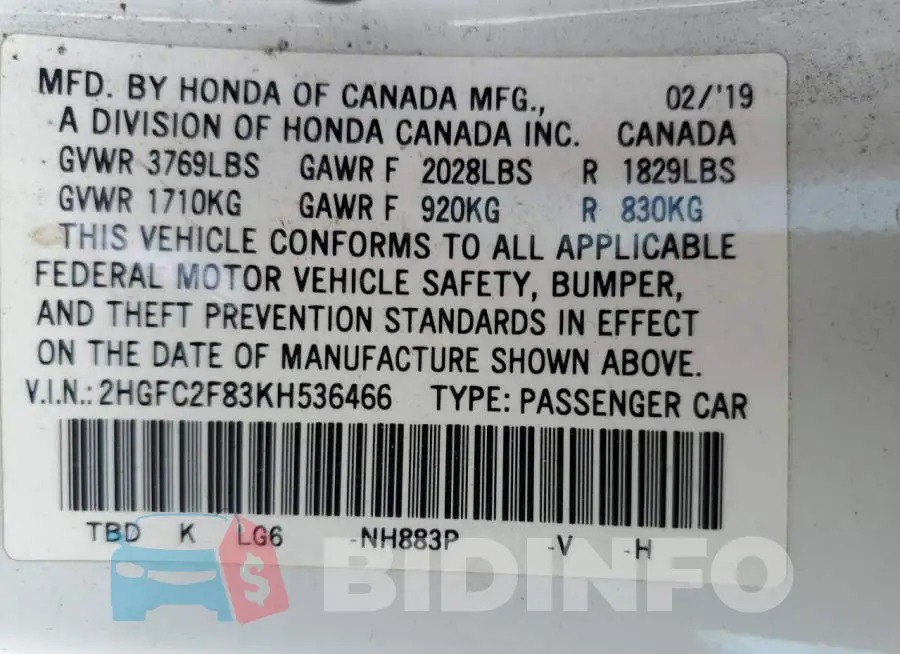 2HGFC2F83KH536466 Photo# 12